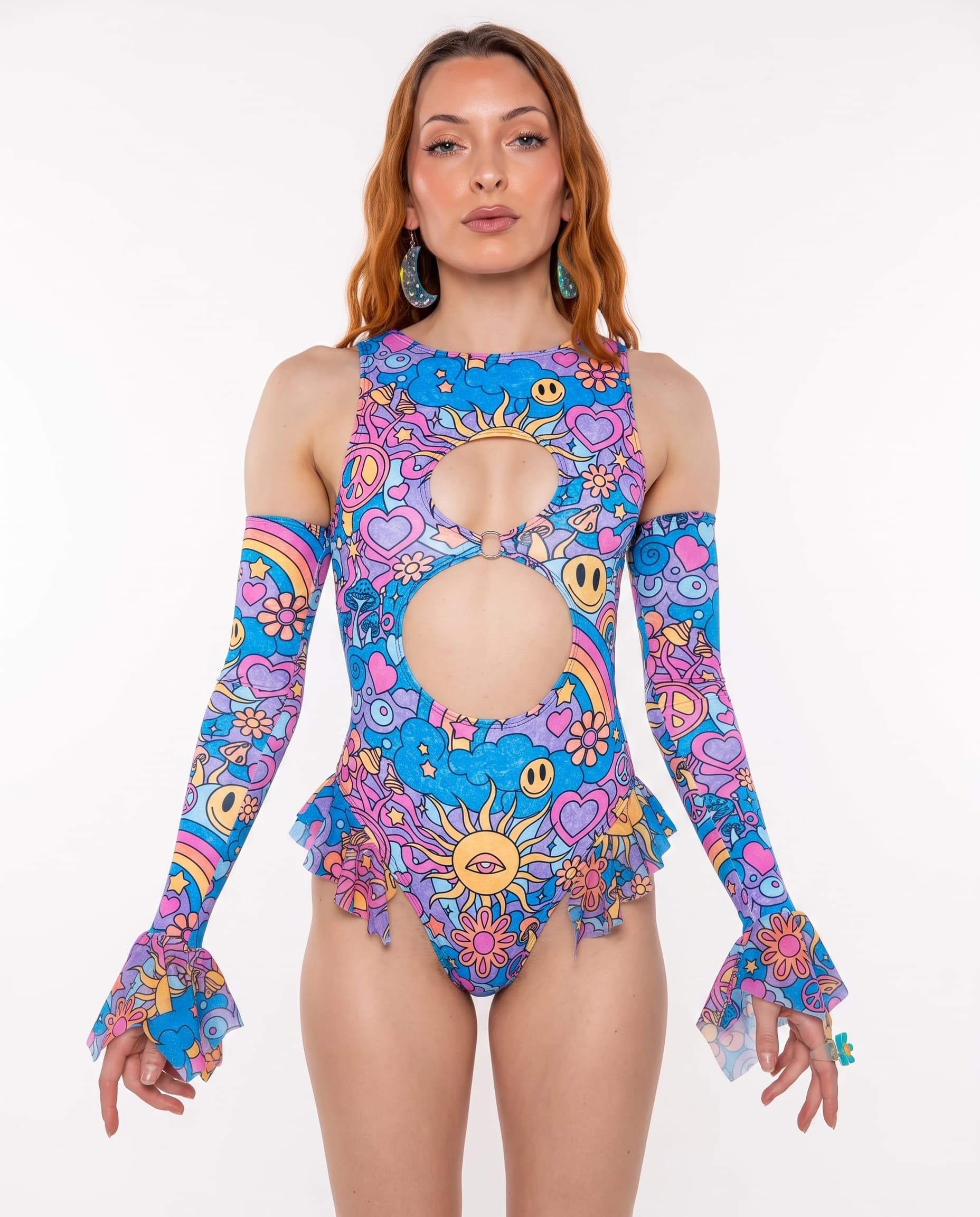 Groovy Keyhole Bodysuit, front view showing ring-linked torso cutouts, colorful print and ruffled hips