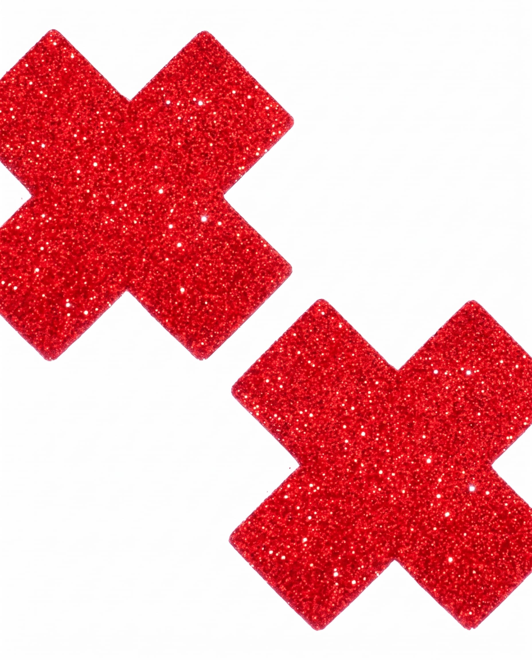 Ravish Me Red Glitter X Factor Nipple Cover Pasties, flat-lay of two sparkling red X shapes arranged diagonally on white