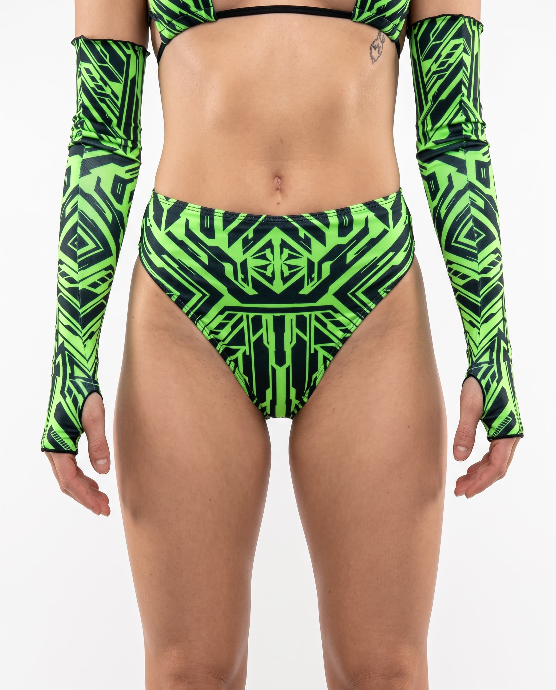 Techtronix High Waisted Thong, front view showing neon green and black geometric print and high-cut legs