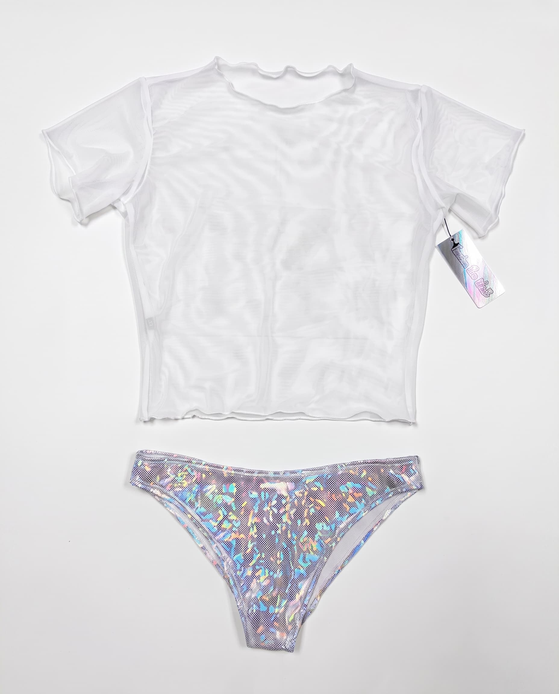 White Mesh Baby Tee/Holo Low-Rise Brazilian Set