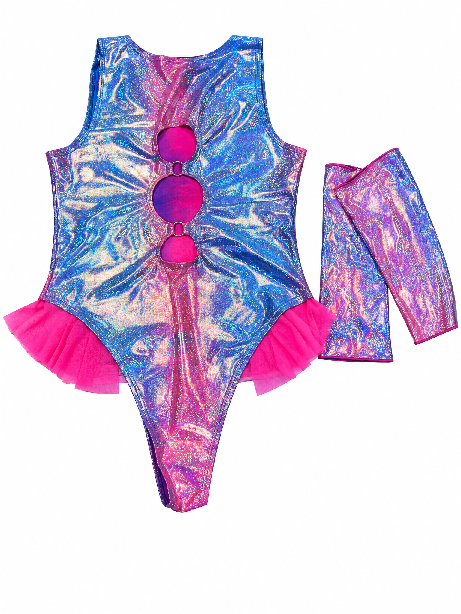 Blue amd Pink Sparkle Chakra Bodysuit with Ruffles and Matching Gloves