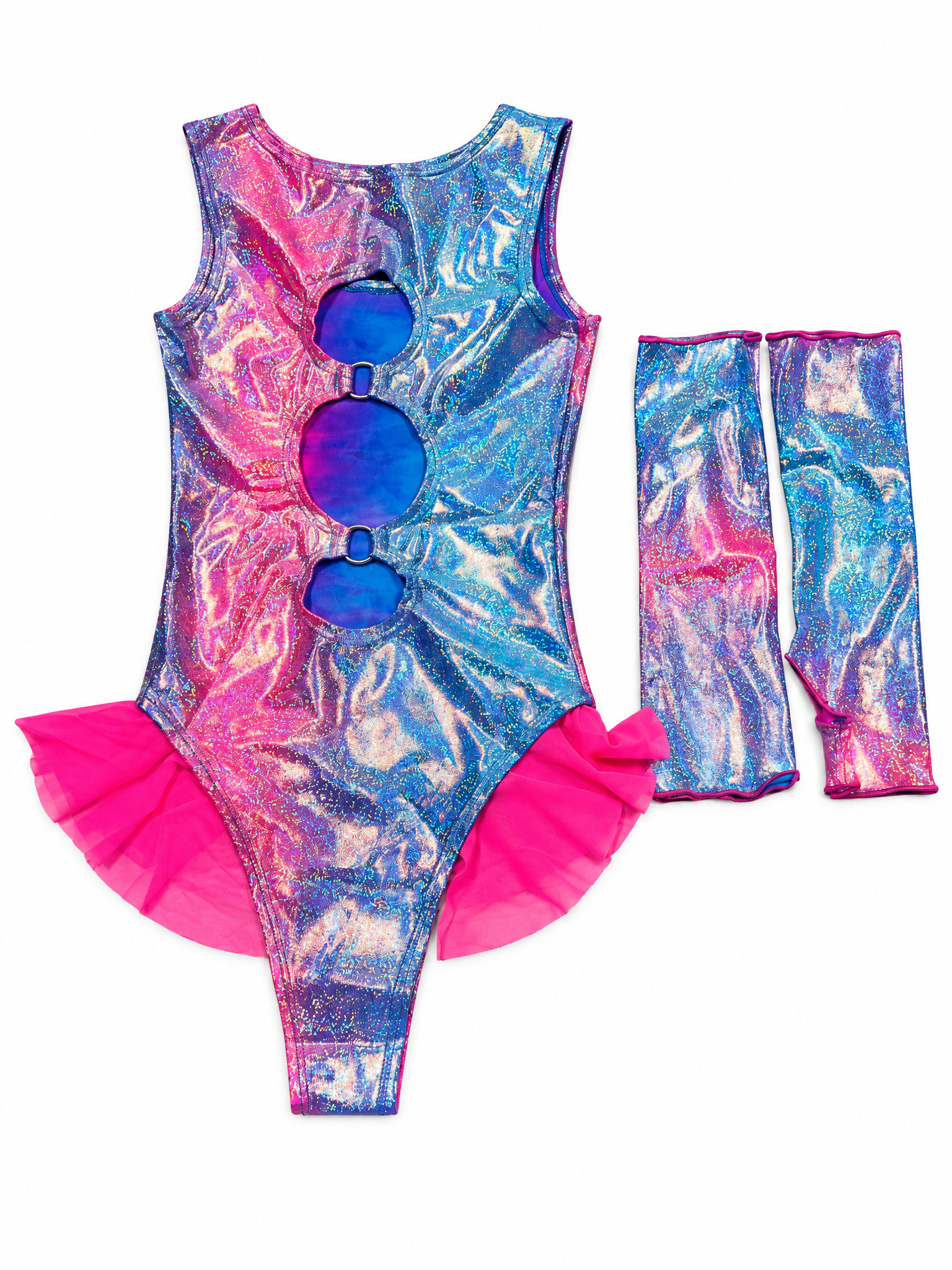 Blue amd Pink Sparkle Chakra Bodysuit with Ruffles and Matching Gloves