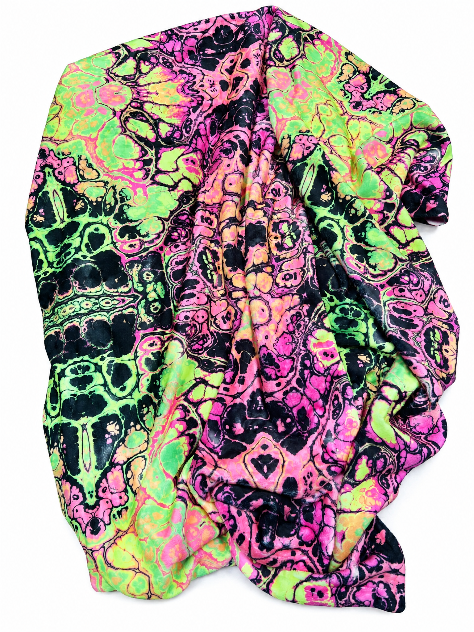 Intensity Minky Blanket, loosely spread with pink, lime green and black abstract patterns