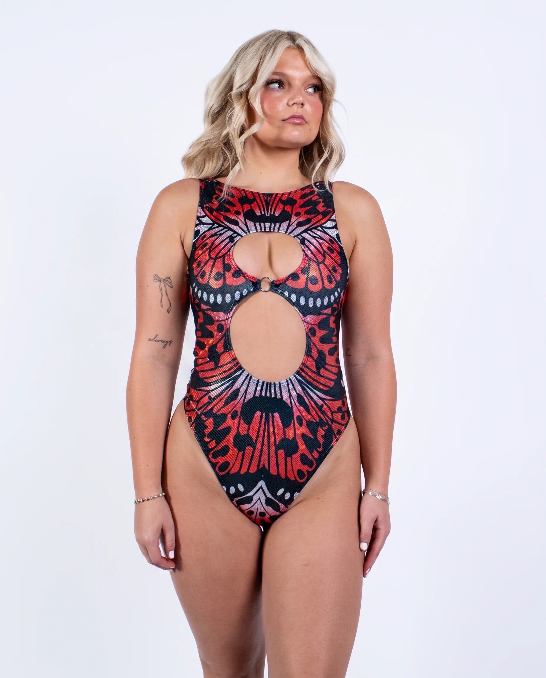 Lacewing Keyhole Bodysuit, front view showing butterfly print, two cutouts and a silver center ring