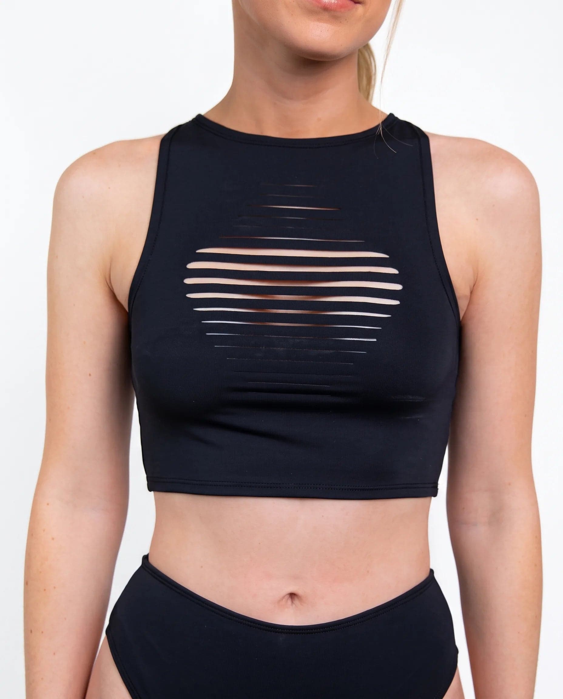 Matte Black Slit Crop Top, front view showing horizontal chest slits, high neckline and cropped hem