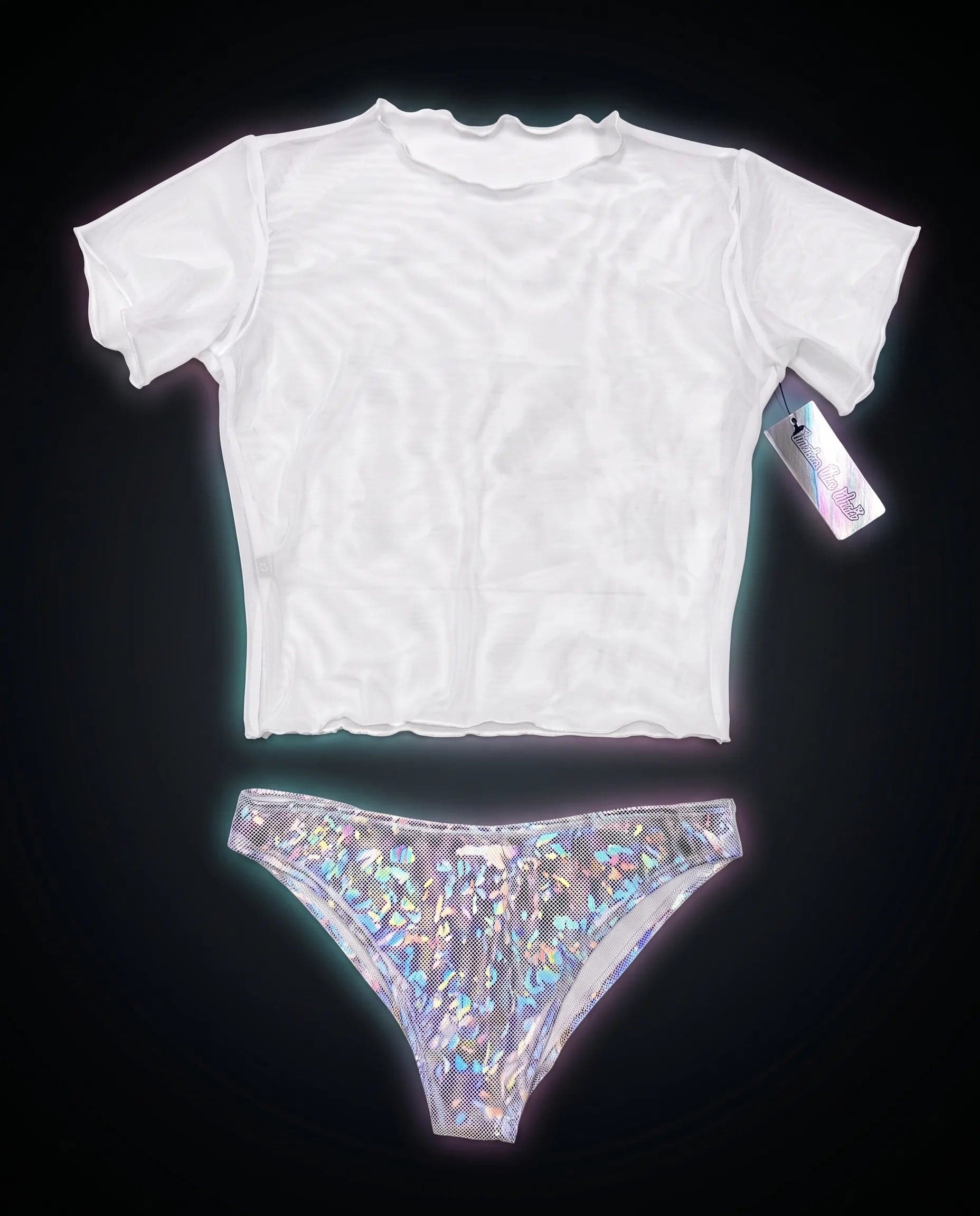 White Mesh Baby Tee/Holo Low-Rise Brazilian Set