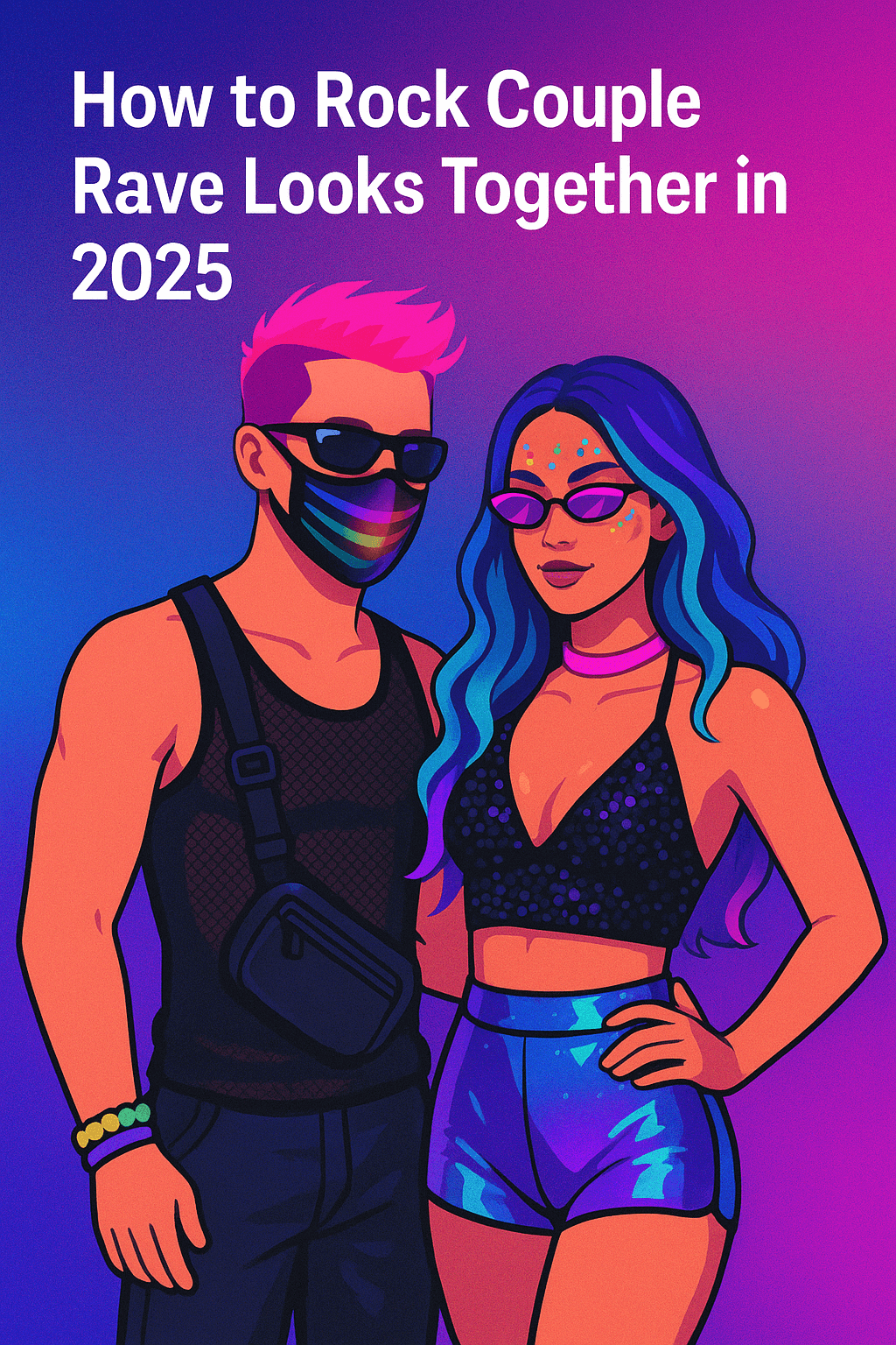 Stylish couple in rave outfits, featuring bright colors and accessories for 2025 rave culture.