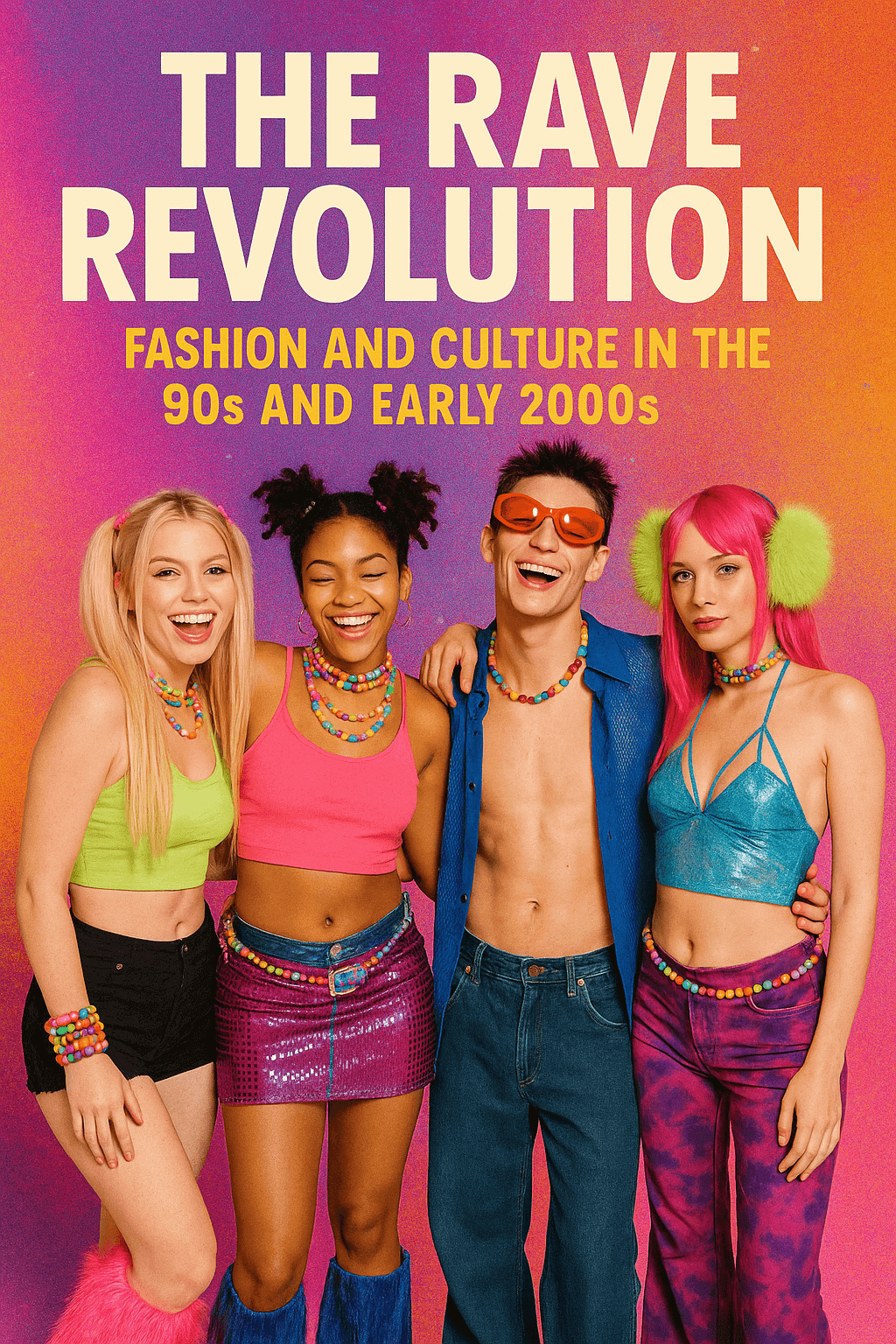 Group of friends in colorful rave outfits celebrating 90s and early 2000s fashion and culture.