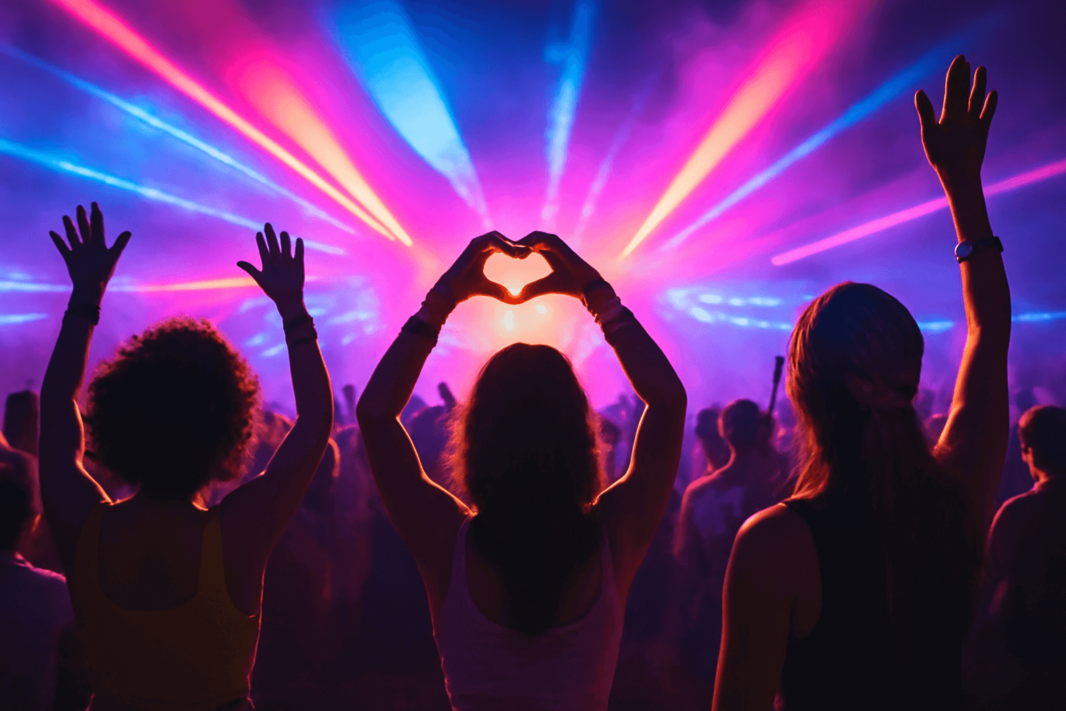 Friends enjoying a vibrant rave, forming a heart shape with hands under colorful lights.