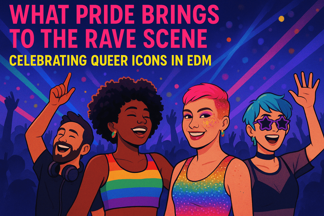 Illustration of diverse individuals in rave outfits celebrating Pride and EDM culture, embodying joy and self-expression.