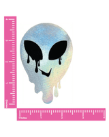 Holographic rainbow alien pasties with dripping effect, ideal for rave outfits and festive occasions.