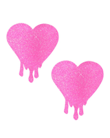 Light pink glitter melty heart nipple cover pasties for rave outfits and festive occasions.