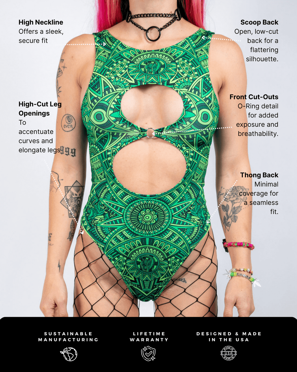 Dominion Keyhole Bodysuit featuring bold cutouts, high neckline, and vibrant green design for rave outfits.