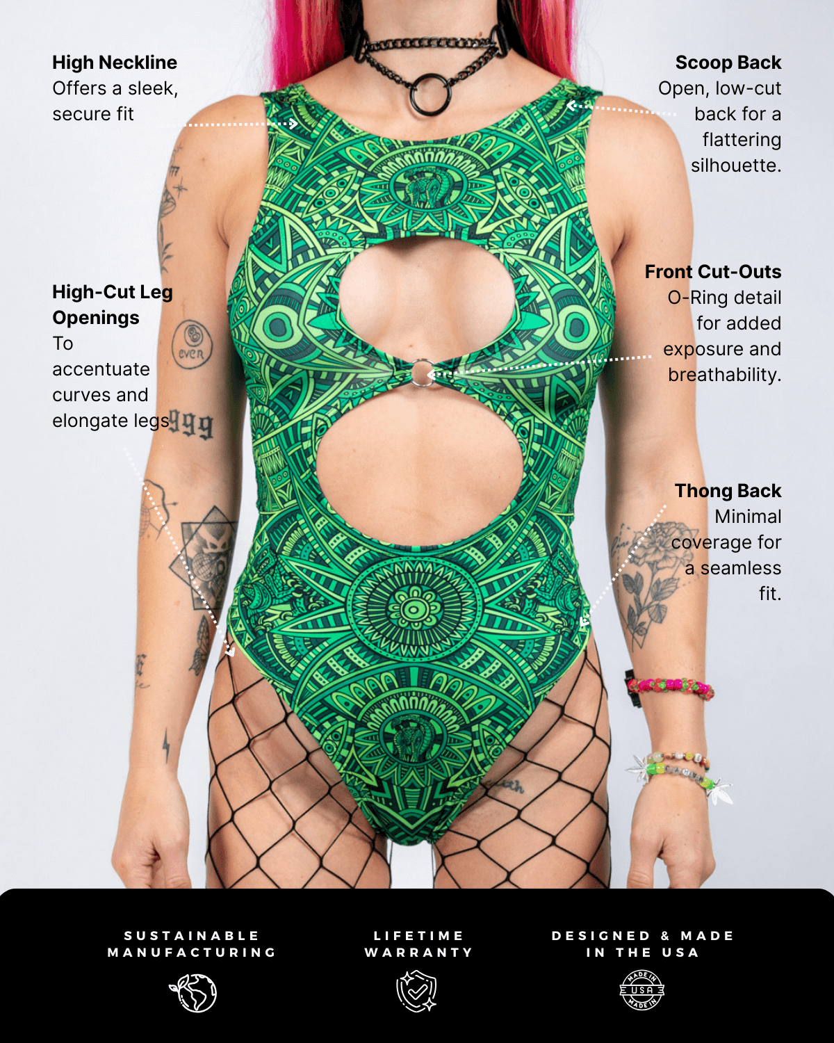 Dominion Keyhole Bodysuit featuring bold cutouts, high neckline, and vibrant green design for rave outfits.
