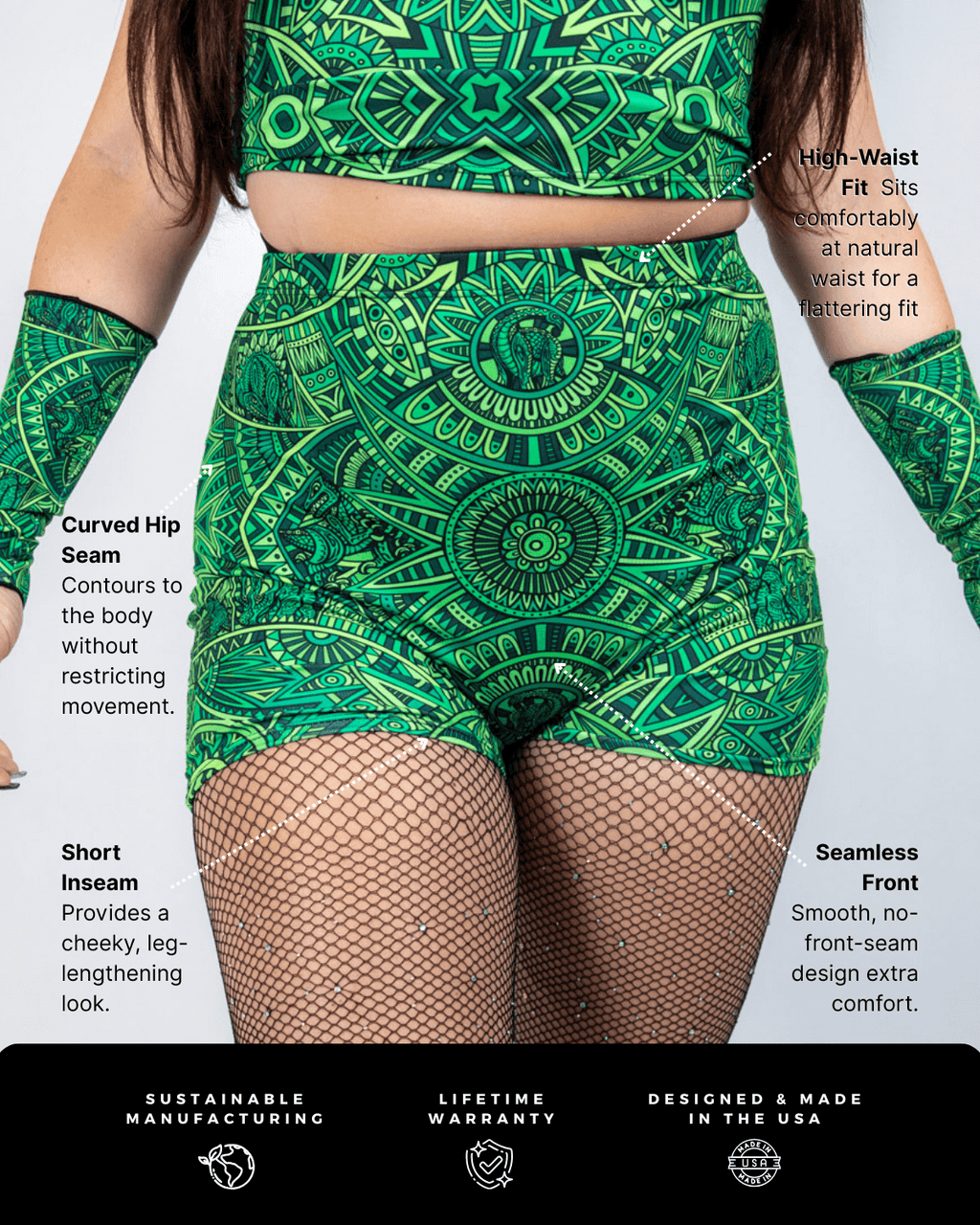 Dominion High Waist Shorts featuring high-waisted cut and all-over print with hidden dinosaur details.