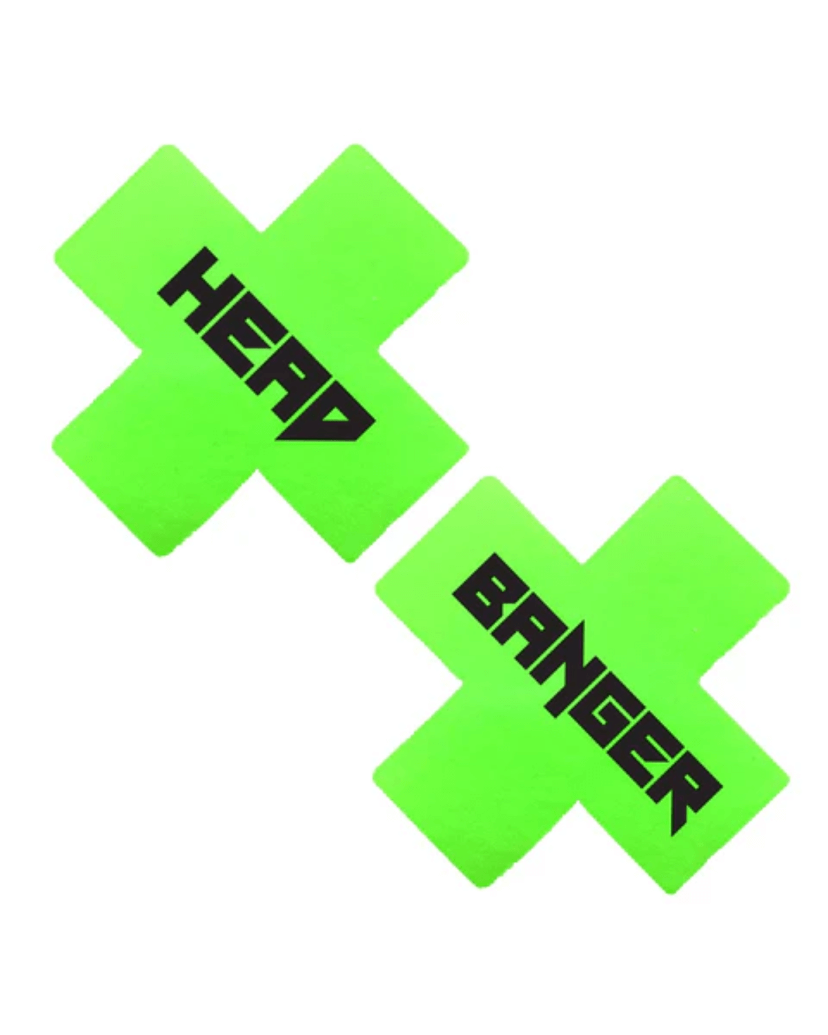 Head Banger neon green pasties for rave outfits, handmade in California, hypoallergenic, and self-adhering.