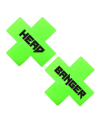 Head Banger neon green pasties for rave outfits, handmade in California, hypoallergenic, and self-adhering.
