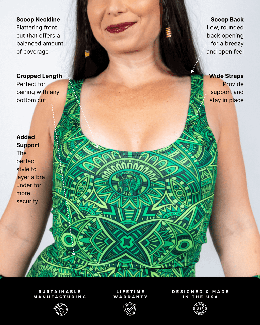 Dominion Scoop Neck Tank Top - Bold & Comfortable in vibrant green with mandala-inspired print, ideal for rave outfits.