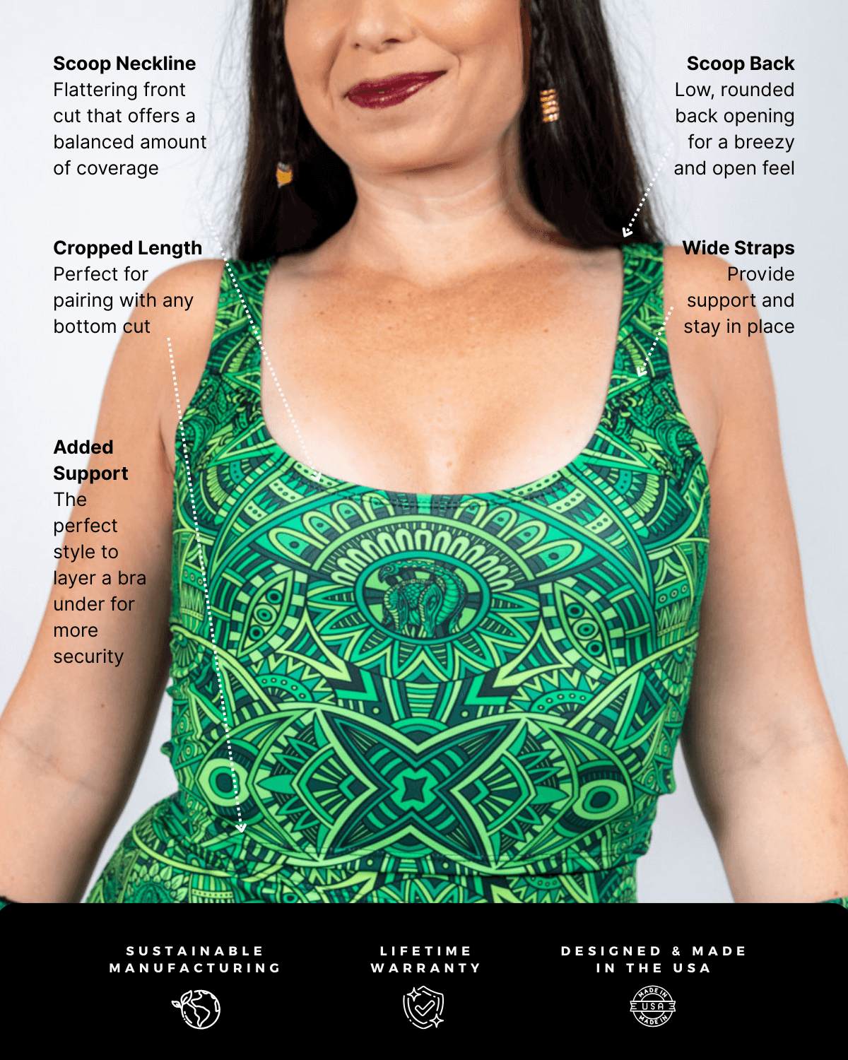 Dominion Scoop Neck Tank Top - Bold & Comfortable in vibrant green with mandala-inspired print, ideal for rave outfits.