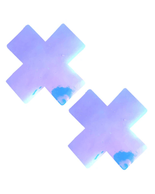 LeeLoo 2.0 Clear Plastic X Factor Pasties in purple and blue, perfect for rave outfits and festivals.