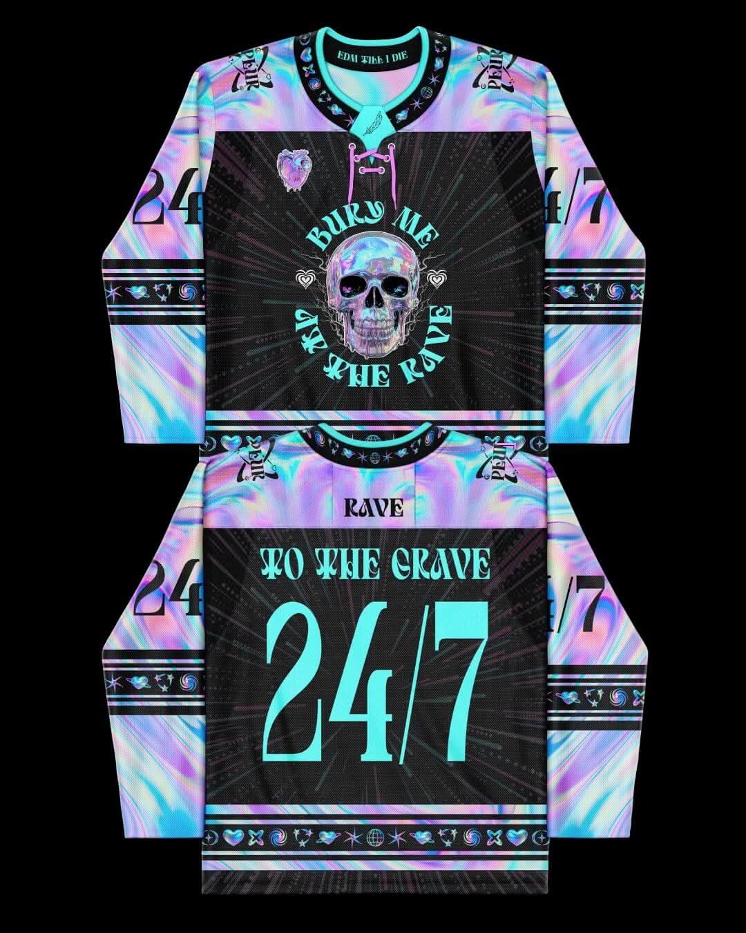 Rave to the Grave Hockey Jersey - LIMITED EDITION with skull graphics and iridescent pastel palette.