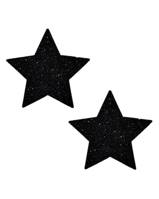 Black Malice glitter star pasties for rave outfits, perfect for parties, festivals, and fashion emergencies.