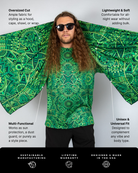 Dominion Festival Scarf worn by model, showcasing oversized psychedelic green print, ideal for rave outfits.