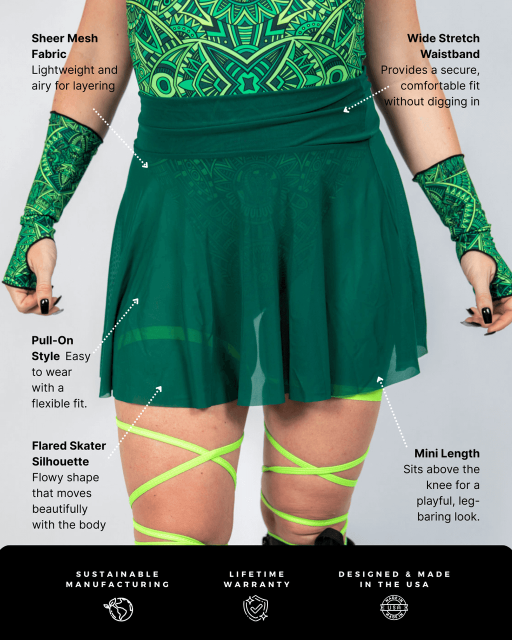 Emerald Mesh Skater Skirt showcasing sheer mesh fabric, wide stretch waistband, and flared silhouette perfect for rave outfits.