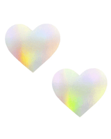 I Heart U Pasties in holographic heart shape for rave outfits and stylish ensembles, hypoallergenic and self-adhering.