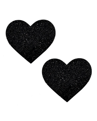 Black Malice Glitter heart-shaped pasties for rave outfits, adding sparkle and flair to any party or festival look.