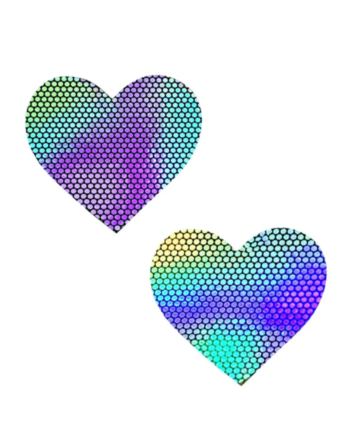 Holographic heart pasties for rave outfits, featuring vibrant colors and sparkling design, perfect for parties and festivals.