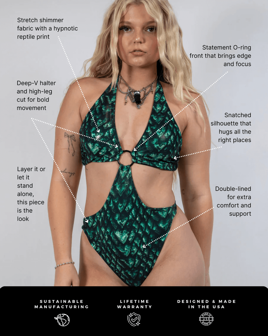 Predator O-Ring Bodysuit featuring stretch shimmer fabric and statement O-ring front for rave outfits.