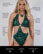 Predator O-Ring Bodysuit featuring stretch shimmer fabric and statement O-ring front for rave outfits.