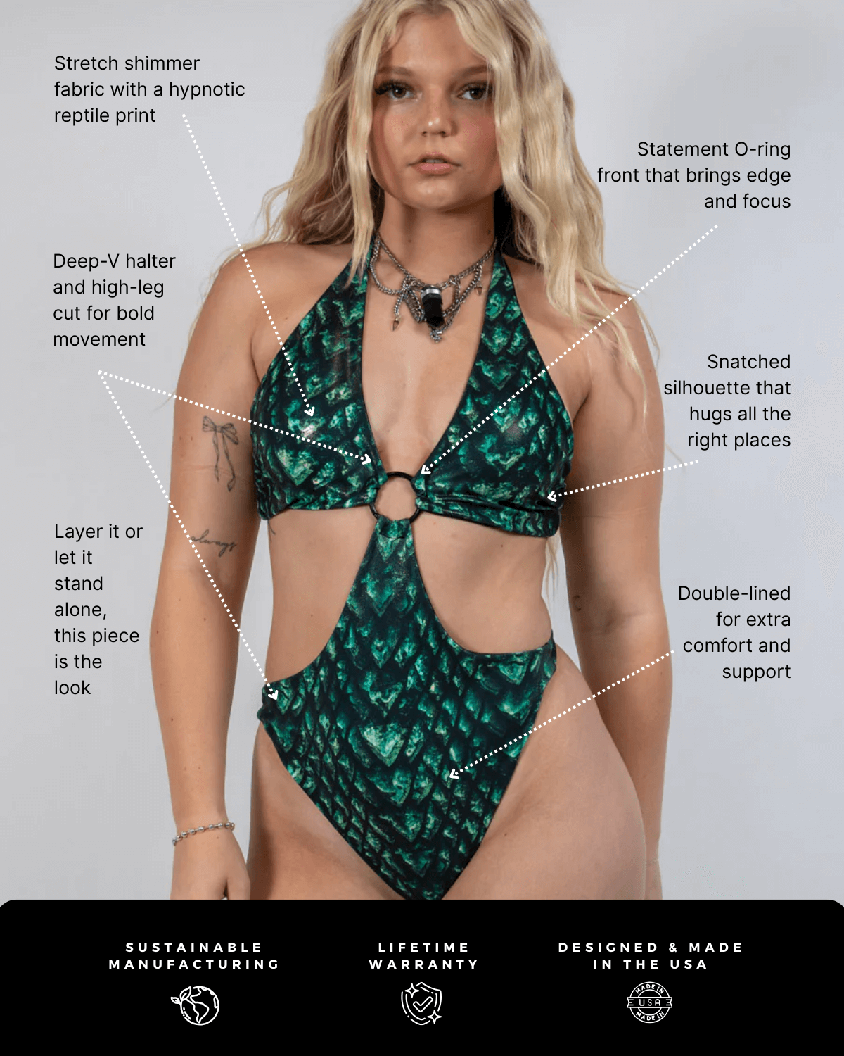 Predator O-Ring Bodysuit featuring stretch shimmer fabric and statement O-ring front for rave outfits.