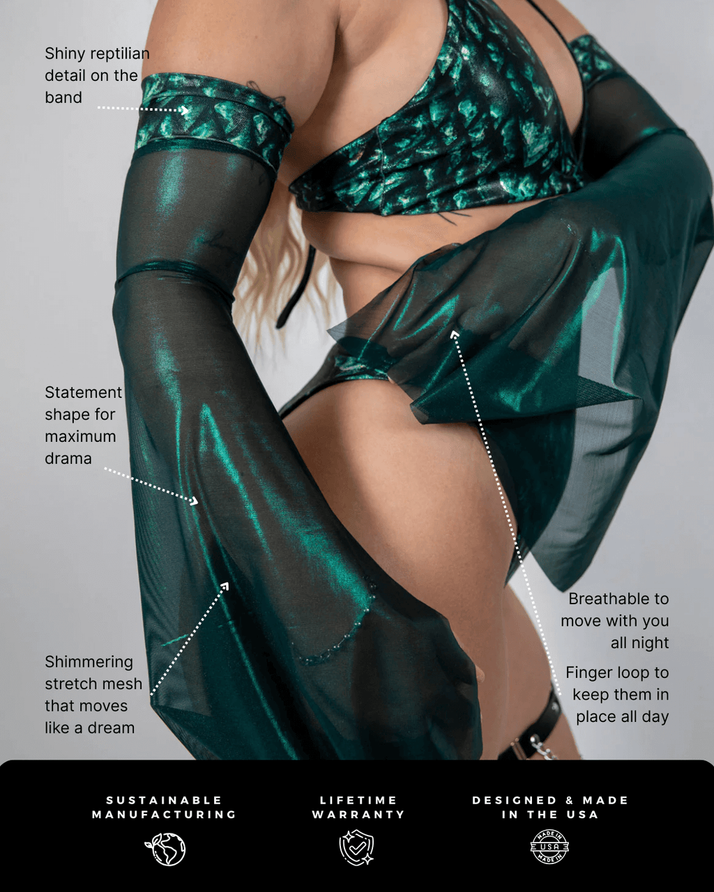 Predator Metamorphosis Sleeves showcasing shiny reptilian detail, flared mesh, and shimmery stretch for rave outfits.