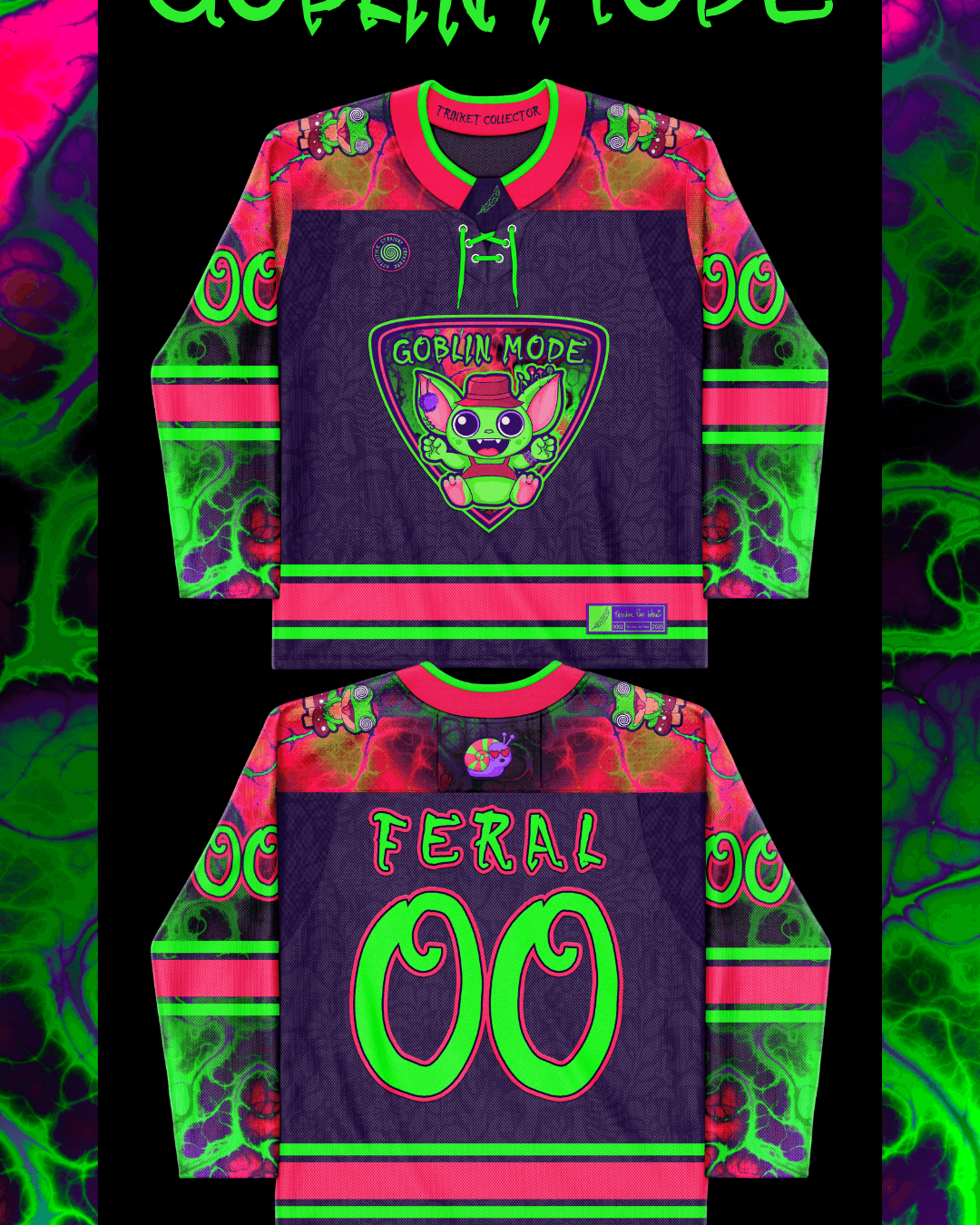 Full display of the Goblin Mode Hockey Jersey with both front and back views, highlighting the colorful goblin theme.