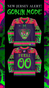 Full display of the Goblin Mode Hockey Jersey with both front and back views, highlighting the colorful goblin theme.