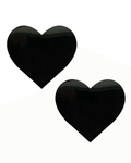 Black heart-shaped vinyl nipple pasties for rave outfits, perfect for festivals and parties.