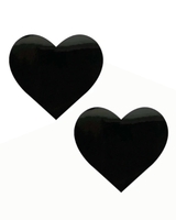Black heart-shaped vinyl nipple pasties for rave outfits, perfect for festivals and parties.