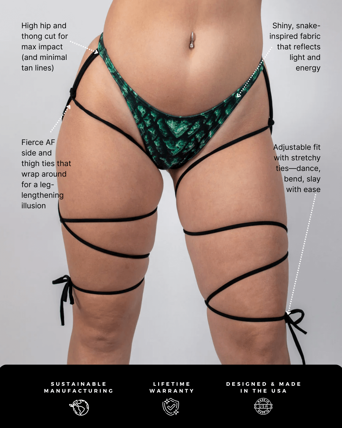 Model showcasing Predator High Hip Strappy Rave Bottoms with bold leg-wrap design and shiny snake-inspired fabric.