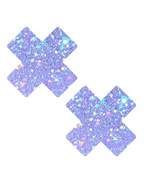 Purple glitter star pasties perfect for rave outfits, adding sparkle and fun to any festival look.