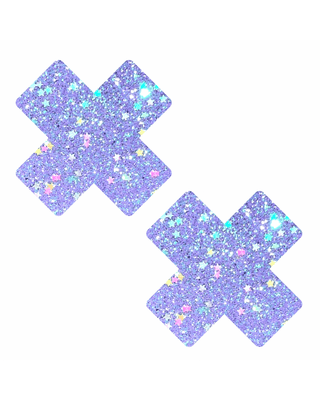 Purple glitter star pasties perfect for rave outfits, adding sparkle and fun to any festival look.