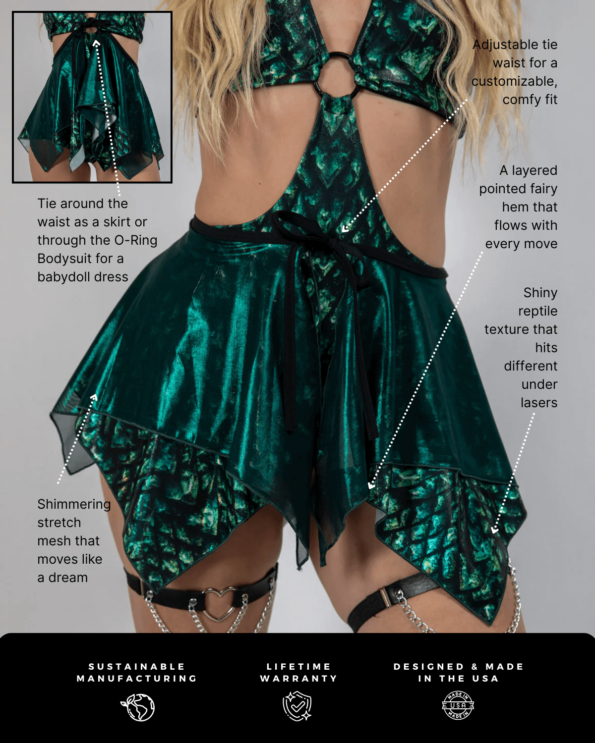 Model wearing Predator Fairy Skirt with adjustable tie waist and shiny reptile texture, perfect for rave outfits.