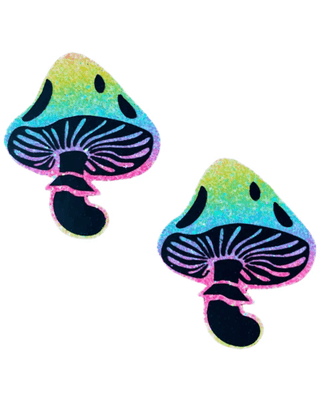 Colorful chunky glitter toadstool nipztix pasties for rave outfits and parties.