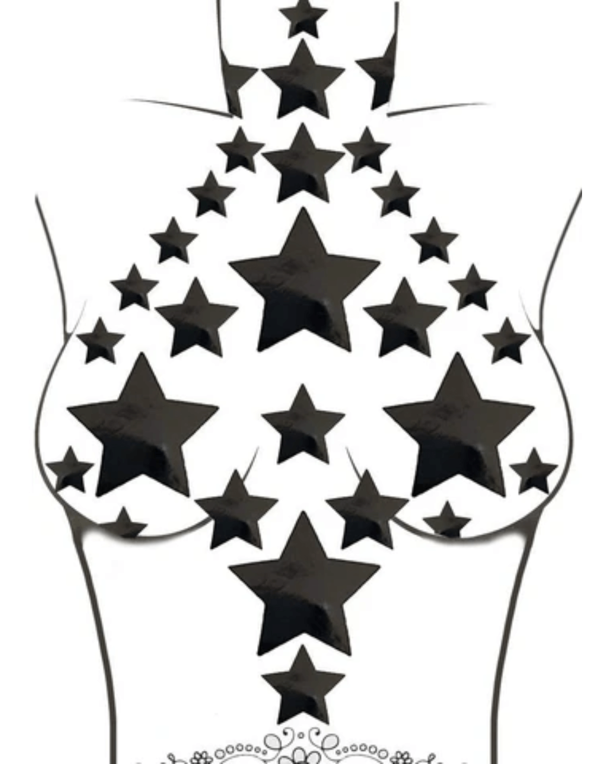 Black star-shaped nipple stickers for stylish rave outfits, evoking 90's vibes and playful fashion statements.