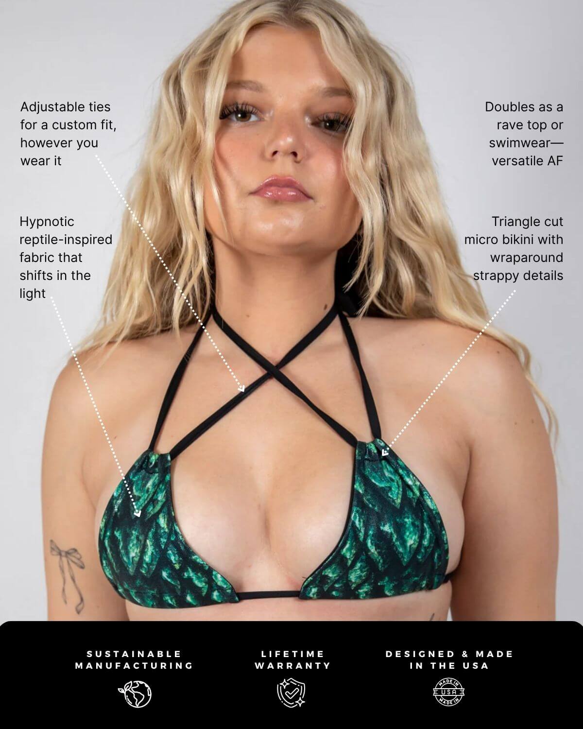 Model wearing Predator Strappy Bikini Top with adjustable ties and reptile print. Perfect for rave outfits.