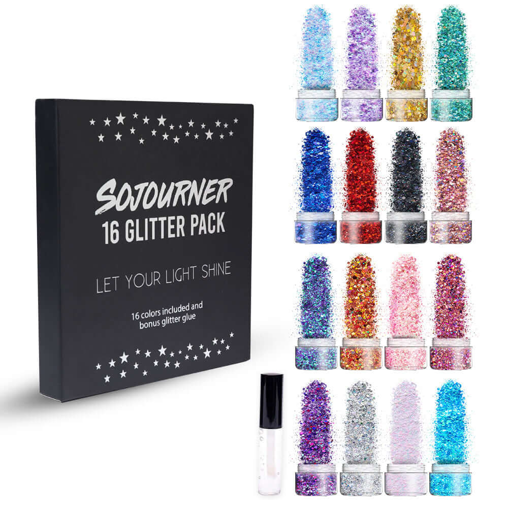 16 pack + 1 glitter glue Chunky Cosmetic Holographic Glitter | Body, Face & Hair Safe in a colorful display for parties.