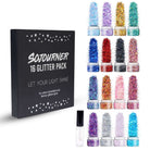 16 pack + 1 glitter glue Chunky Cosmetic Holographic Glitter | Body, Face & Hair Safe in a colorful display for parties.