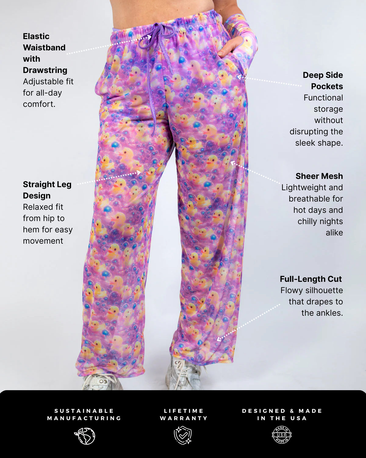 Duckies Mesh Lucy Pants in vibrant purple, yellow, and pink print, featuring wide-leg design, lightweight mesh, and elastic waistband.