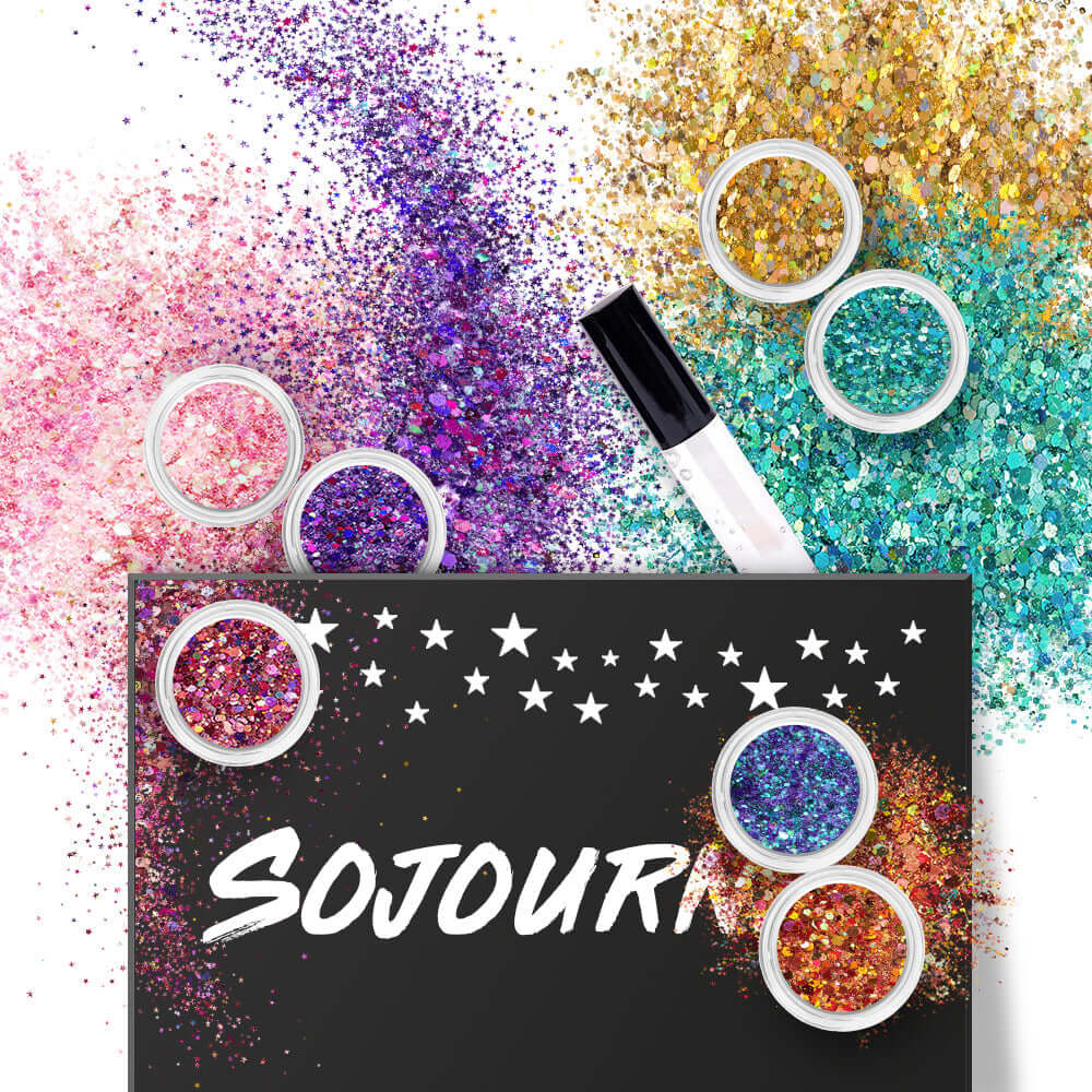 16 pack + 1 glitter glue Chunky Cosmetic Holographic Glitter | Body, Face & Hair Safe on a black background with colorful glitter.